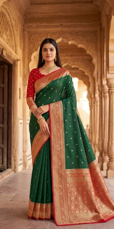 MB 6079 Green Soft Banarasi Silk Saree with Zari Work & Moti Work. Introductory Price ₹1949. Delivery 4-6 Working Days. Shop now. | Bollywood Sarees, Creative Sarees, Designer Sarees, Embroidered Sarees, Ethnic Saree, Modern Digital sarees, Party Wear Sarees, Sarees