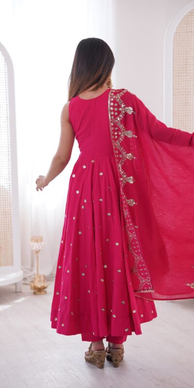 JF 038 Rani Pink Roman Silk Gown with Embroidery Work. Wedding, Party, Events, Navratri, Exclusive Offer ₹2149. Delivery 4-6 Working Days. Shop now. | Bollywood Gowns, Creative Gowns, Designer Gowns, Embroidered Gowns, Gowns, Party Wear Gowns