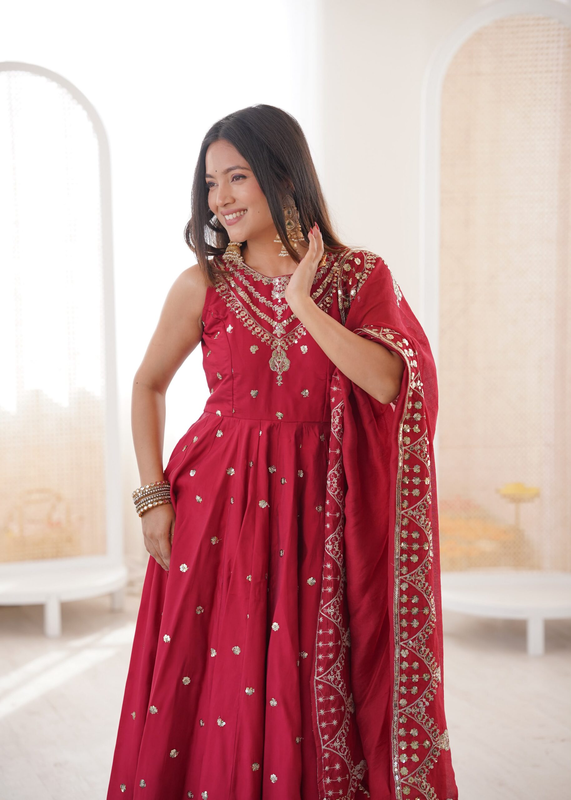 JF 038 Red Roman Silk Gown with Embroidery Work. Wedding, Party, Festive, Events, Navratri, Exclusive Offer ₹2149. Delivery 4-6 Working Days. Shop now. | Bollywood Gowns, Creative Gowns, Designer Gowns, Embroidered Gowns, Gowns, Party Wear Gowns
