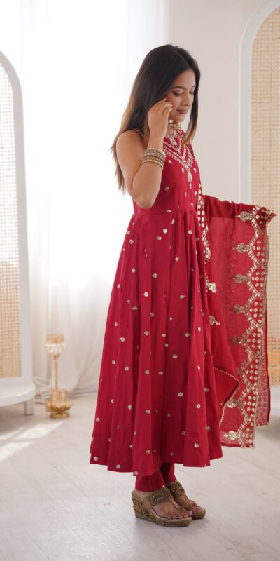 JF 038 Red Roman Silk Gown with Embroidery Work. Wedding, Party, Festive, Events, Navratri, Exclusive Offer ₹2149. Delivery 4-6 Working Days. Shop now. | Bollywood Gowns, Creative Gowns, Designer Gowns, Embroidered Gowns, Gowns, Party Wear Gowns