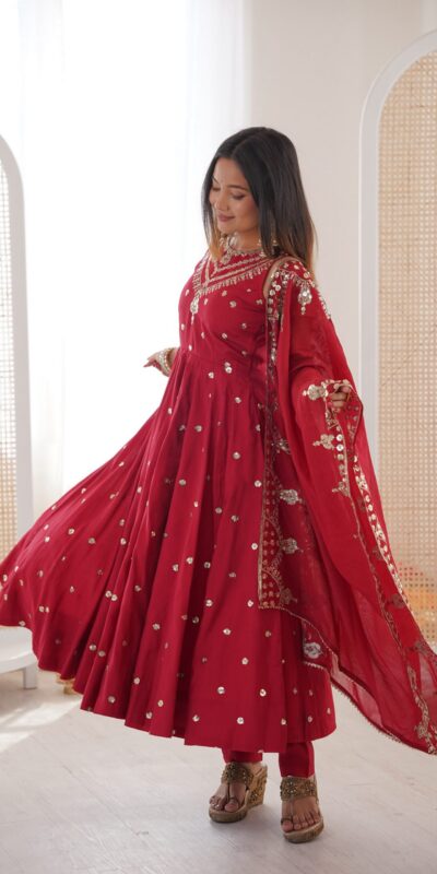 JF 038 Red Roman Silk Gown with Embroidery Work. Wedding, Party, Festive, Events, Navratri, Exclusive Offer ₹2149. Delivery 4-6 Working Days. Shop now. | Bollywood Gowns, Creative Gowns, Designer Gowns, Embroidered Gowns, Gowns, Party Wear Gowns