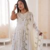 JF 038 White Roman Silk Gown with Embroidery Work. Wedding, Party, Festive, Events, Navratri, Exclusive Offer ₹2149. Delivery 4-6 Working Days. Shop now. | Bollywood Gowns, Creative Gowns, Designer Gowns, Embroidered Gowns, Gowns, Party Wear Gowns