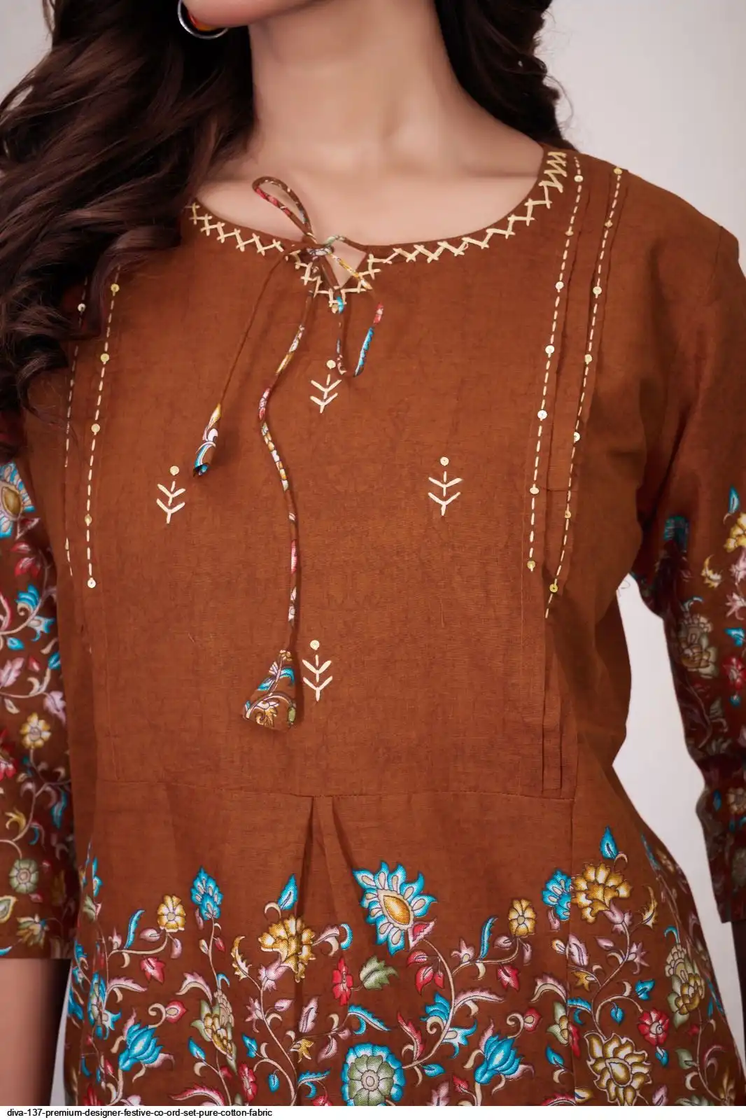 DIVA 137 Brown Pure Cotton Kantha work Elegant Kurti with Designer Work. Price 1749 - Delivery 4-6 Working Days. Shop now. | Bollywood Kurti, Creative Kurtis, Designer Kurti, Kurti, Party Wear Kurti, Selfie Kurti