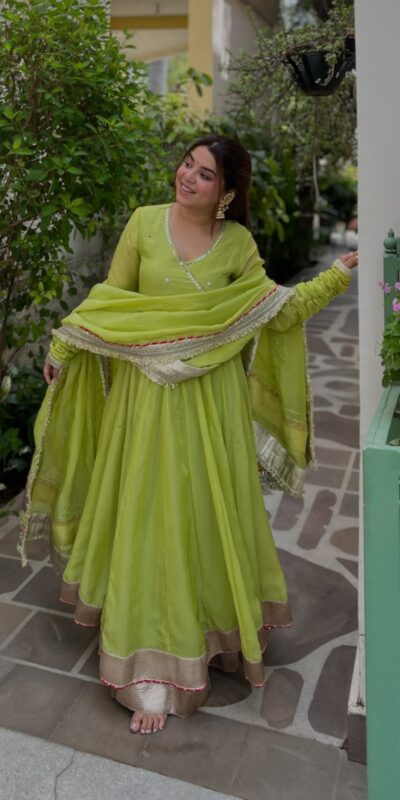 RTC 6048 Parrot Green | Parrot Tabby Organza Silk Gown with Hand Work & Mirror Work. Special Price ₹2549. Delivery 4-6 Working Days. Shop now. | Bollywood Gowns, Creative Gowns, Designer Gowns, Embroidered Gowns, Gowns, Party Wear Gowns