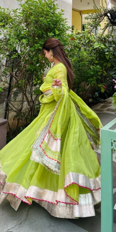 RTC 6048 Parrot Green | Parrot Tabby Organza Silk Gown with Hand Work & Mirror Work. Special Price ₹2549. Delivery 4-6 Working Days. Shop now. | Bollywood Gowns, Creative Gowns, Designer Gowns, Embroidered Gowns, Gowns, Party Wear Gowns