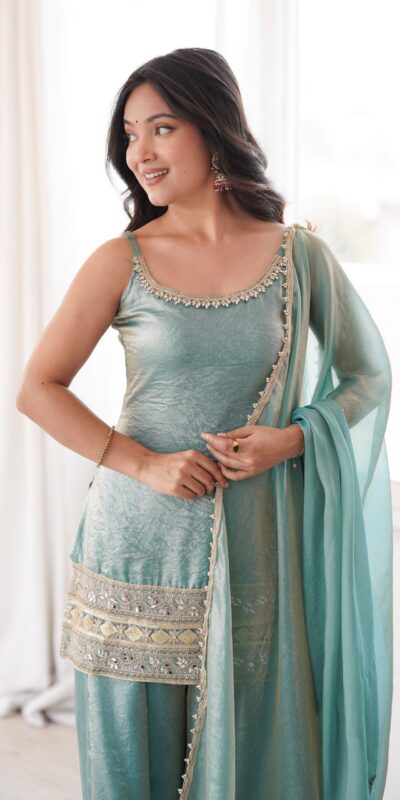 ZSR 3177 Sea Green in Doremon Crush Embroidery Work & Mirror Work Salwar Suit . Best Price ₹2099. Delivery 4-6 Working Days. Shop now. | Jump Suits, Straight Suits, Casual Suits, Creative suits, Designer Suits, Palazzo Suits, Party Wear Suits, Patiala Suits, Salwar suit
