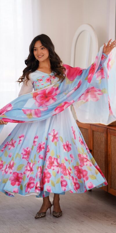 KB 308 Sky Blue Sky Blue Organza Silk Salwar Sui Perfect for Wedding, Party, Housewarming, Ganesh Chaturthi, Reception – t. Affordable Price ₹1999. Delivery | Anarkali Suits, Bollywood Anarkali, Creative-Anarkali, Designer Anarkali, Embroidered Anarkali, Party Wear Anarkali