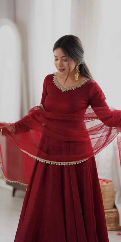 SRK 5355 Maroon Doremon Crush Gown with Lace Work & Mirror Work. Exclusive Offer ₹2099. Delivery 4-6 Working Days. Shop now. | Bollywood Gowns, Creative Gowns, Designer Gowns, Embroidered Gowns, Gowns, Party Wear Gowns