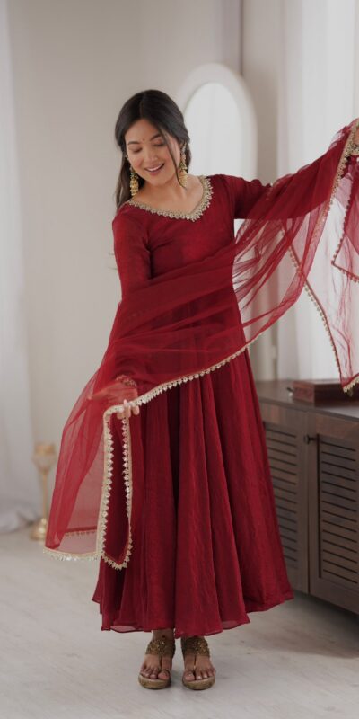 SRK 5355 Maroon Doremon Crush Gown with Lace Work & Mirror Work. Exclusive Offer ₹2099. Delivery 4-6 Working Days. Shop now. | Bollywood Gowns, Creative Gowns, Designer Gowns, Embroidered Gowns, Gowns, Party Wear Gowns