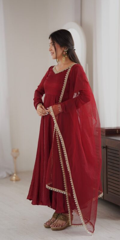 SRK 5355 Maroon Doremon Crush Gown with Lace Work & Mirror Work. Exclusive Offer ₹2099. Delivery 4-6 Working Days. Shop now. | Bollywood Gowns, Creative Gowns, Designer Gowns, Embroidered Gowns, Gowns, Party Wear Gowns
