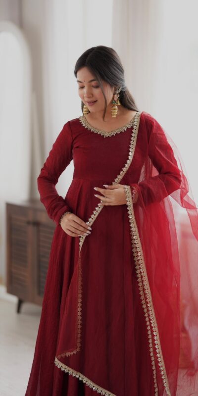 SRK 5355 Maroon Doremon Crush Gown with Lace Work & Mirror Work. Exclusive Offer ₹2099. Delivery 4-6 Working Days. Shop now. | Bollywood Gowns, Creative Gowns, Designer Gowns, Embroidered Gowns, Gowns, Party Wear Gowns