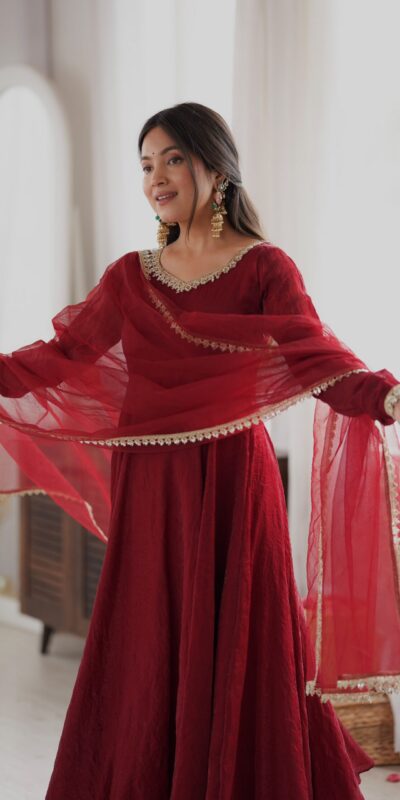 SRK 5355 Maroon Doremon Crush Gown with Lace Work & Mirror Work. Exclusive Offer ₹2099. Delivery 4-6 Working Days. Shop now. | Bollywood Gowns, Creative Gowns, Designer Gowns, Embroidered Gowns, Gowns, Party Wear Gowns