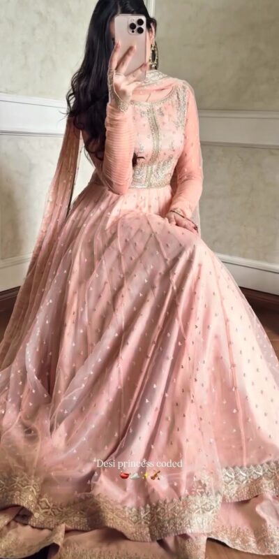 RTC 5991 Peach | Peach Faux Georgette Gown with Sequins Work. Festive Deal ₹2599. Delivery 4-6 Working Days. Online Shop now. | Bollywood Gowns, Creative Gowns, Designer Gowns, Embroidered Gowns, Gowns, Party Wear Gowns