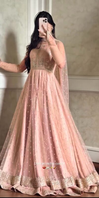 RTC 5991 Peach | Peach Faux Georgette Gown with Sequins Work. Festive Deal ₹2599. Delivery 4-6 Working Days. Online Shop now. | Bollywood Gowns, Creative Gowns, Designer Gowns, Embroidered Gowns, Gowns, Party Wear Gowns