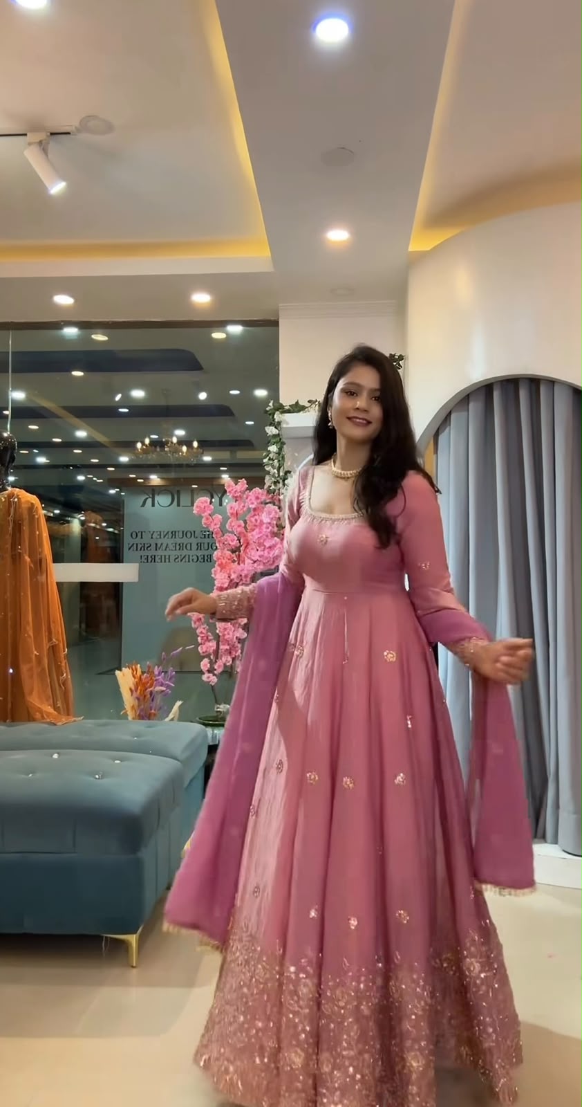 JF 052 Peach Fendy Silk Gown with Sequins Work & Thread Embroidery. Now at just ₹2399. Delivery 4-6 Working Days. Shop now. | Bollywood Gowns, Creative Gowns, Designer Gowns, Embroidered Gowns, Gowns, Party Wear Gowns
