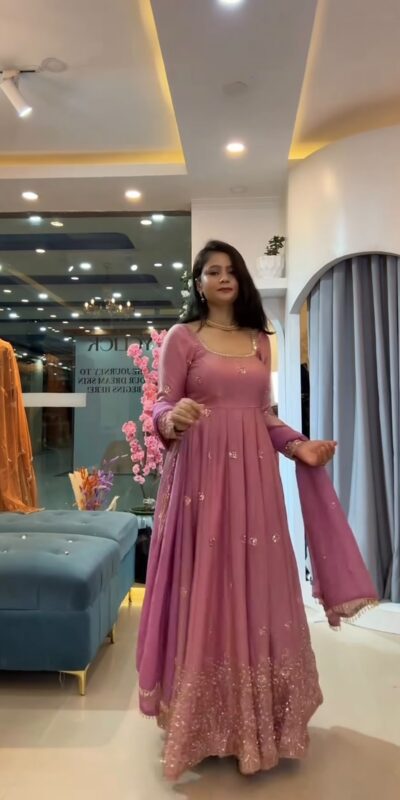 JF 052 Peach Fendy Silk Gown with Sequins Work & Thread Embroidery. Now at just ₹2399. Delivery 4-6 Working Days. Shop now. | Bollywood Gowns, Creative Gowns, Designer Gowns, Embroidered Gowns, Gowns, Party Wear Gowns