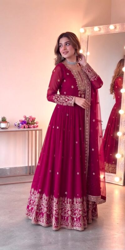 SSR 546 Pink in Georgette Embroidery Work & Sequins Work Gown . Get it for ₹2149. Delivery 4-6 Working Days. Online Shop now. | Bollywood Gowns, Creative Gowns, Designer Gowns, Embroidered Gowns, Gowns, Party Wear Gowns