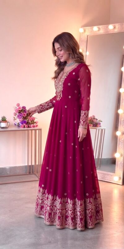 SSR 546 Pink in Georgette Embroidery Work & Sequins Work Gown . Get it for ₹2149. Delivery 4-6 Working Days. Online Shop now. | Bollywood Gowns, Creative Gowns, Designer Gowns, Embroidered Gowns, Gowns, Party Wear Gowns