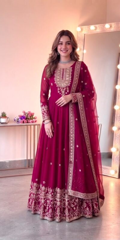 SSR 546 Pink in Georgette Embroidery Work & Sequins Work Gown . Get it for ₹2149. Delivery 4-6 Working Days. Online Shop now. | Bollywood Gowns, Creative Gowns, Designer Gowns, Embroidered Gowns, Gowns, Party Wear Gowns