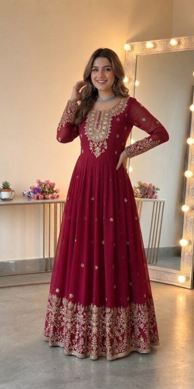 SSR 546 Red in Georgette Embroidery Work & Sequins Work Gown . Get it for ₹2149. Delivery 4-6 Working Days. Online Shop now. | Bollywood Gowns, Creative Gowns, Designer Gowns, Embroidered Gowns, Gowns, Party Wear Gowns