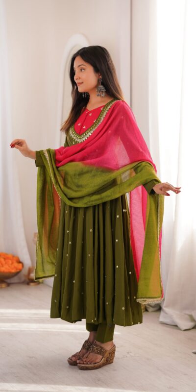 ZF 5023 Mehandi Roman Silk Gown with Mirror Work & Embroidery Work. Special Price ₹2099. Delivery 4-6 Working Days. Shop now. | Bollywood Gowns, Creative Gowns, Designer Gowns, Embroidered Gowns, Gowns, Party Wear Gowns