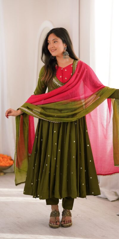ZF 5023 Mehandi Roman Silk Gown with Mirror Work & Embroidery Work. Special Price ₹2099. Delivery 4-6 Working Days. Shop now. | Bollywood Gowns, Creative Gowns, Designer Gowns, Embroidered Gowns, Gowns, Party Wear Gowns