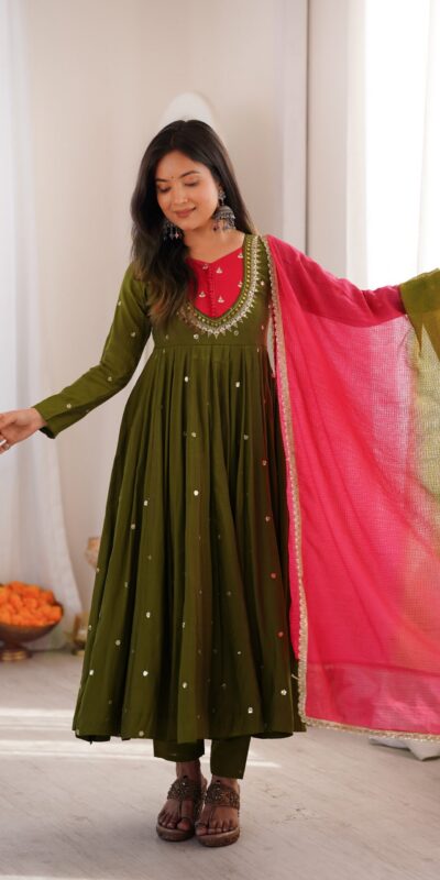 ZF 5023 Mehandi Roman Silk Gown with Mirror Work & Embroidery Work. Special Price ₹2099. Delivery 4-6 Working Days. Shop now. | Bollywood Gowns, Creative Gowns, Designer Gowns, Embroidered Gowns, Gowns, Party Wear Gowns