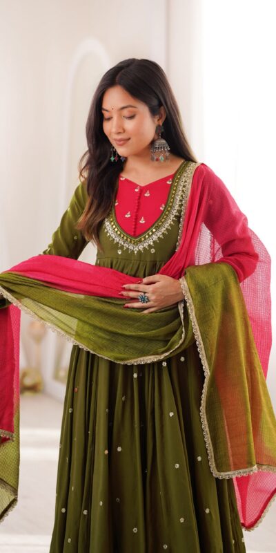 ZF 5023 Mehandi Roman Silk Gown with Mirror Work & Embroidery Work. Special Price ₹2099. Delivery 4-6 Working Days. Shop now. | Bollywood Gowns, Creative Gowns, Designer Gowns, Embroidered Gowns, Gowns, Party Wear Gowns