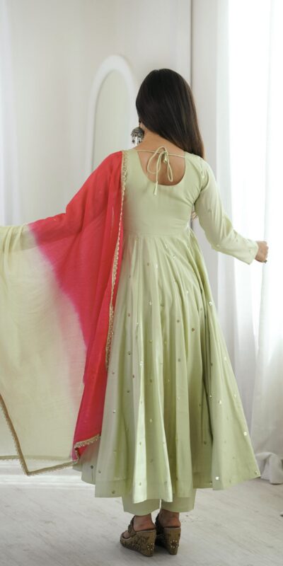 ZF 5023 Pista Roman Silk Gown with Mirror Work & Embroidery Work. Special Price ₹2099. Delivery 4-6 Working Days. Shop now. | Bollywood Gowns, Creative Gowns, Designer Gowns, Embroidered Gowns, Gowns, Party Wear Gowns