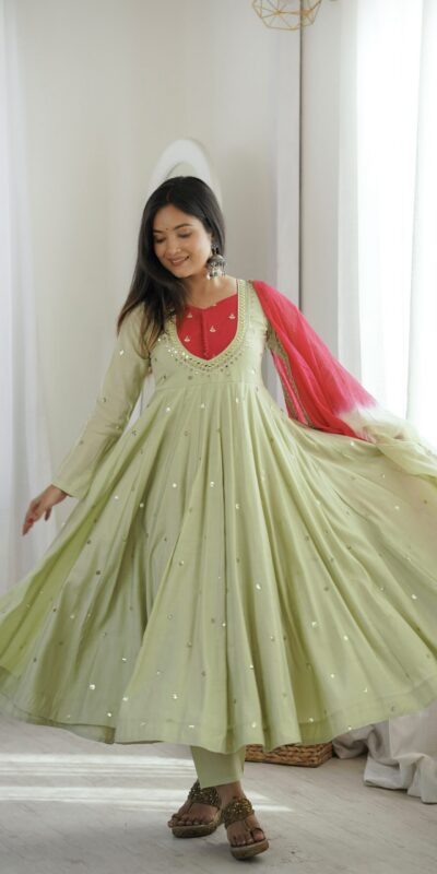 ZF 5023 Pista Roman Silk Gown with Mirror Work & Embroidery Work. Special Price ₹2099. Delivery 4-6 Working Days. Shop now. | Bollywood Gowns, Creative Gowns, Designer Gowns, Embroidered Gowns, Gowns, Party Wear Gowns