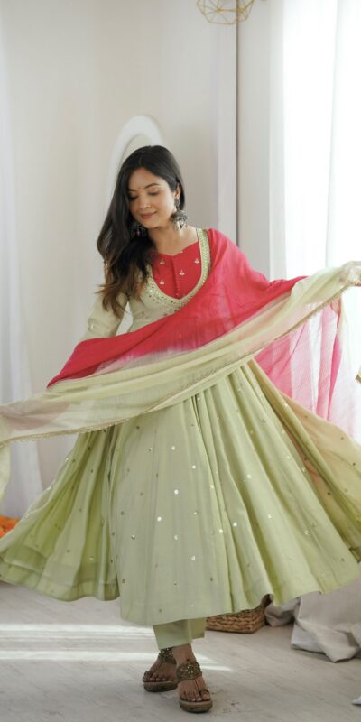ZF 5023 Pista Roman Silk Gown with Mirror Work & Embroidery Work. Special Price ₹2099. Delivery 4-6 Working Days. Shop now. | Bollywood Gowns, Creative Gowns, Designer Gowns, Embroidered Gowns, Gowns, Party Wear Gowns