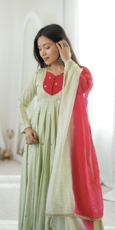ZF 5023 Pista Roman Silk Gown with Mirror Work & Embroidery Work. Special Price ₹2099. Delivery 4-6 Working Days. Shop now. | Bollywood Gowns, Creative Gowns, Designer Gowns, Embroidered Gowns, Gowns, Party Wear Gowns