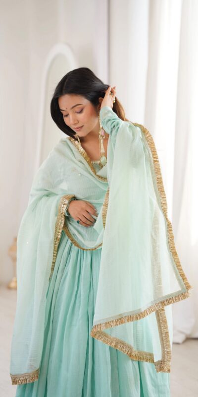 ZF 5020 Sea Green Sea Green Heavy Faux Gown with Lace Border & Lace Work. Festive Deal ₹2099. Delivery 4-6 Working Days. Shop now. | Bollywood Gowns, Creative Gowns, Designer Gowns, Embroidered Gowns, Gowns, Party Wear Gowns