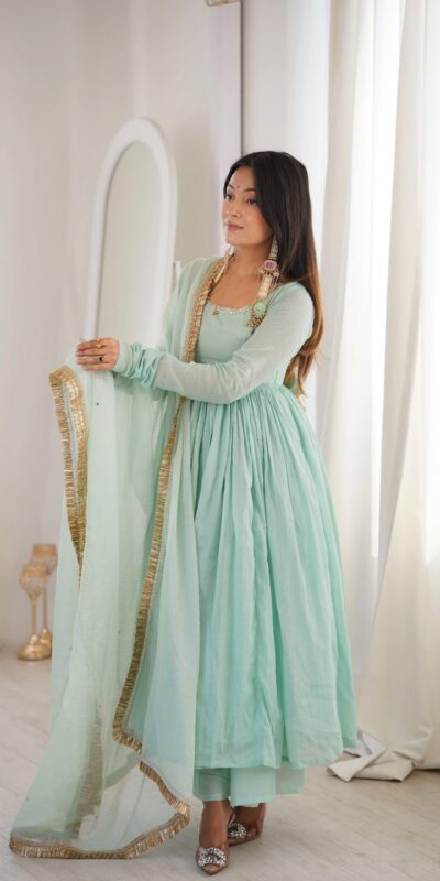 ZF 5020 Sea Green Sea Green Heavy Faux Gown with Lace Border & Lace Work. Festive Deal ₹2099. Delivery 4-6 Working Days. Shop now. | Bollywood Gowns, Creative Gowns, Designer Gowns, Embroidered Gowns, Gowns, Party Wear Gowns