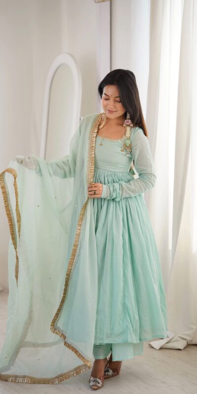 ZF 5020 Sea Green Sea Green Heavy Faux Gown with Lace Border & Lace Work. Festive Deal ₹2099. Delivery 4-6 Working Days. Shop now. | Bollywood Gowns, Creative Gowns, Designer Gowns, Embroidered Gowns, Gowns, Party Wear Gowns