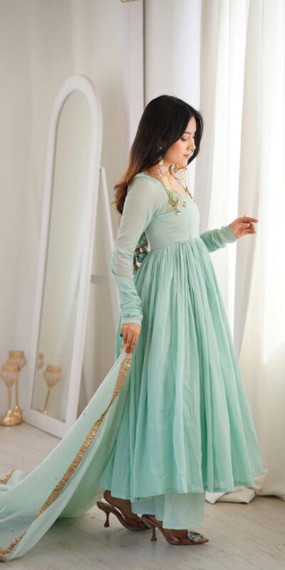 ZF 5020 Sea Green Sea Green Heavy Faux Gown with Lace Border & Lace Work. Festive Deal ₹2099. Delivery 4-6 Working Days. Shop now. | Bollywood Gowns, Creative Gowns, Designer Gowns, Embroidered Gowns, Gowns, Party Wear Gowns