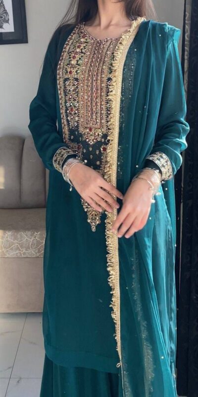 ZC 8021 Teal Fox Georgette Salwar Suit with Embroidery Work & Sequins Work. Exclusive Offer ₹2099. Delivery 4-6 Working Days. Shop now. | Jump Suits, Straight Suits, Casual Suits, Creative suits, Designer Suits, Palazzo Suits, Party Wear Suits, Patiala Suits, Salwar suit