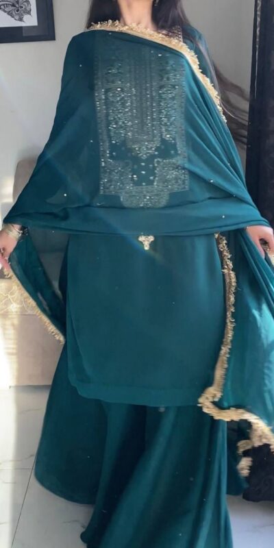 ZC 8021 Teal Fox Georgette Salwar Suit with Embroidery Work & Sequins Work. Exclusive Offer ₹2099. Delivery 4-6 Working Days. Shop now. | Jump Suits, Straight Suits, Casual Suits, Creative suits, Designer Suits, Palazzo Suits, Party Wear Suits, Patiala Suits, Salwar suit