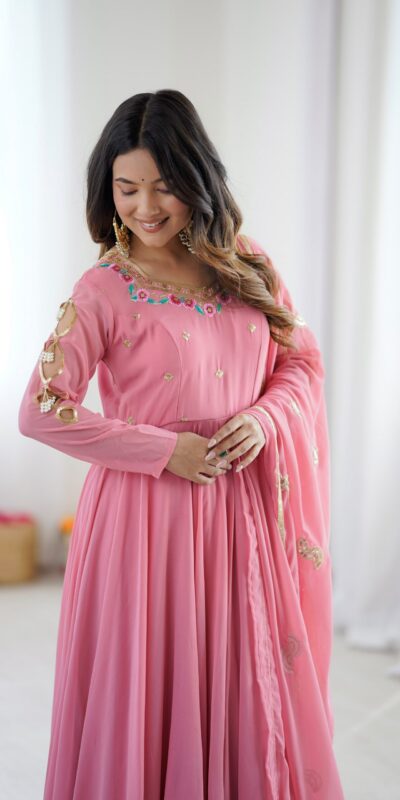 SRK 5363 Dusty Pink | Dusty Pink Faux Georgette Gown with Sequins Work & Embroidery Work. Affordable Price ₹2099. Delivery 4-6 Working Days. Shop now. | Bollywood Gowns, Creative Gowns, Designer Gowns, Embroidered Gowns, Gowns, Party Wear Gowns