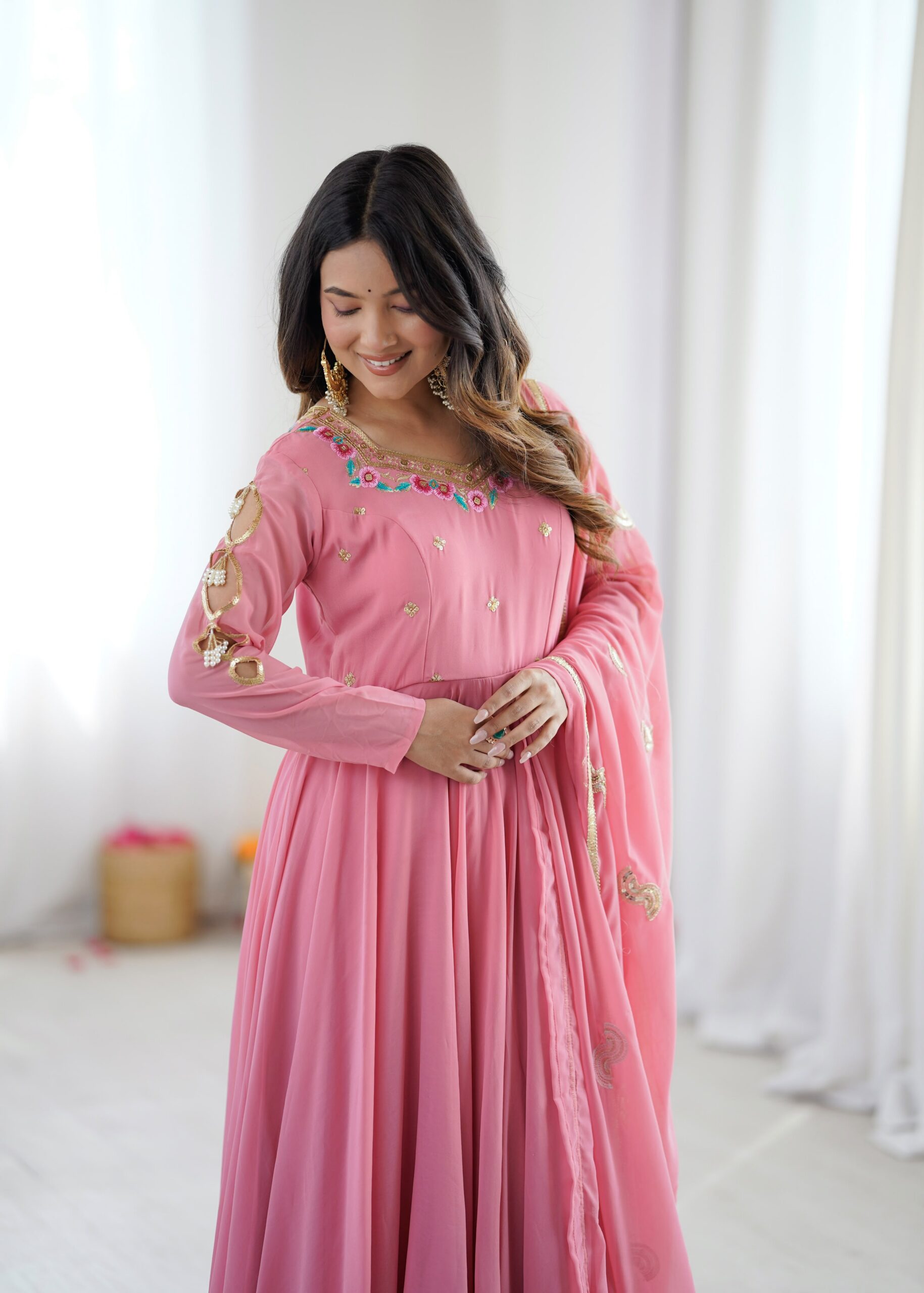 SRK 5363 Dusty Pink | Dusty Pink Faux Georgette Gown with Sequins Work & Embroidery Work. Affordable Price ₹2099. Delivery 4-6 Working Days. Shop now. | Bollywood Gowns, Creative Gowns, Designer Gowns, Embroidered Gowns, Gowns, Party Wear Gowns