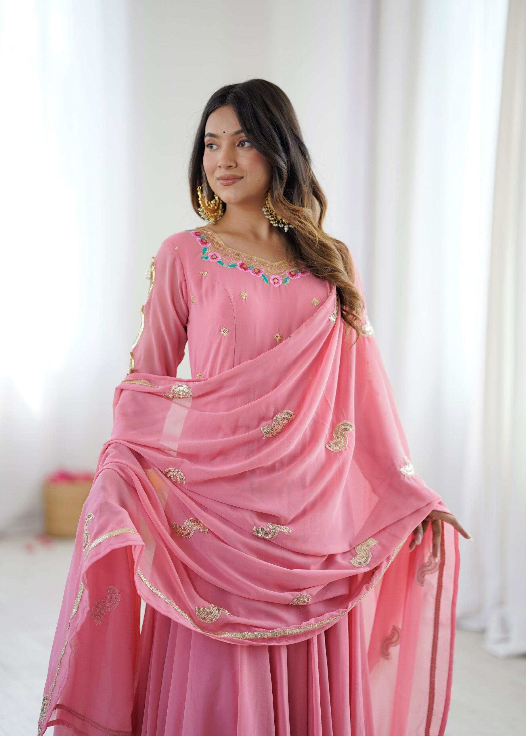 SRK 5363 Dusty Pink | Dusty Pink Faux Georgette Gown with Sequins Work & Embroidery Work. Affordable Price ₹2099. Delivery 4-6 Working Days. Shop now. | Bollywood Gowns, Creative Gowns, Designer Gowns, Embroidered Gowns, Gowns, Party Wear Gowns