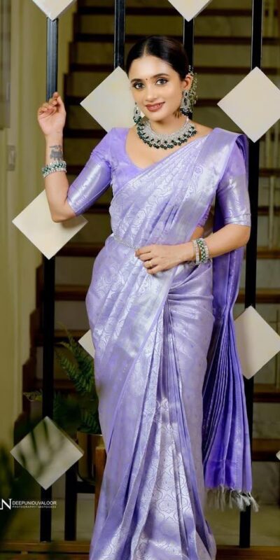 KPR 259 Lavender Soft Lichi Silk Saree with Lace Work & Lace Border. Introductory Price ₹1349. Delivery 4-6 Working Days. Shop now. | Bollywood Sarees, Creative Sarees, Designer Sarees, Embroidered Sarees, Ethnic Saree, Modern Digital sarees, Party Wear Sarees, Sarees