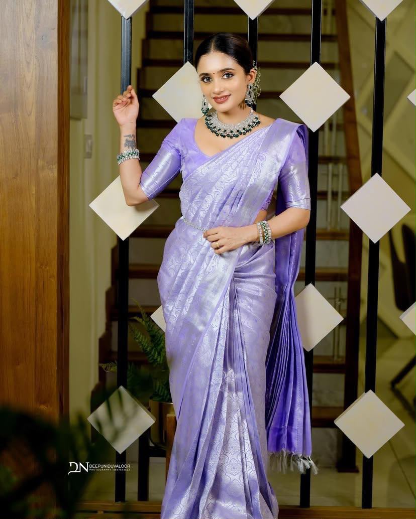 KPR 259 Lavender Soft Lichi Silk Saree with Lace Work & Lace Border. Introductory Price ₹1349. Delivery 4-6 Working Days. Shop now. | Bollywood Sarees, Creative Sarees, Designer Sarees, Embroidered Sarees, Ethnic Saree, Modern Digital sarees, Party Wear Sarees, Sarees