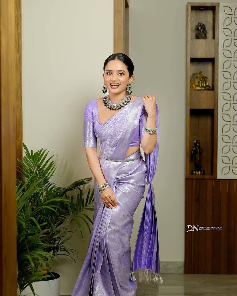 KPR 259 Lavender Soft Lichi Silk Saree with Lace Work & Lace Border. Introductory Price ₹1349. Delivery 4-6 Working Days. Shop now. | Bollywood Sarees, Creative Sarees, Designer Sarees, Embroidered Sarees, Ethnic Saree, Modern Digital sarees, Party Wear Sarees, Sarees