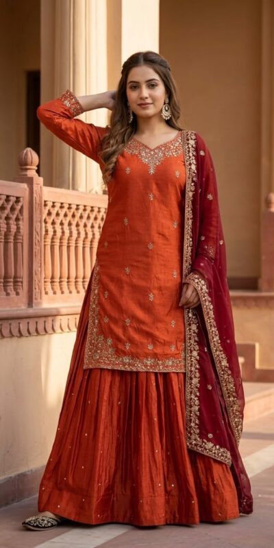 MT 1080 Orange Fandy Silk Lehenga Choli. Perfect for Wedding, Party, Engagement, Reception, Haldi – Available at ₹2399 only. Delivery 4-6 Working Da | Bollywood Lehenga, Creative Lehenga, Designer Lehenga, Embroidered Lehenga, Lehenga, Party Wear Lehenga