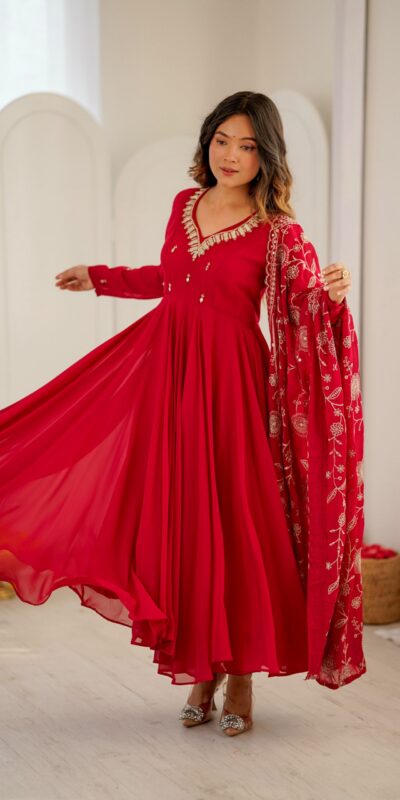 ZF 5025 Red Faux Georgette Gown Perfect for Wedding, Party, Raksha Bandhan, Temple Visit, Onam – . Get it for ₹2149. Delivery 4-6 Working Days. Shop now | Bollywood Gowns, Creative Gowns, Designer Gowns, Embroidered Gowns, Gowns, Party Wear Gowns