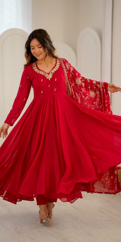 ZF 5025 Red Faux Georgette Gown Perfect for Wedding, Party, Raksha Bandhan, Temple Visit, Onam – . Get it for ₹2149. Delivery 4-6 Working Days. Shop now | Bollywood Gowns, Creative Gowns, Designer Gowns, Embroidered Gowns, Gowns, Party Wear Gowns