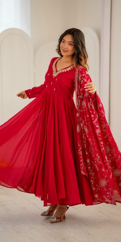 ZF 5025 Red Faux Georgette Gown Perfect for Wedding, Party, Raksha Bandhan, Temple Visit, Onam – . Get it for ₹2149. Delivery 4-6 Working Days. Shop now | Bollywood Gowns, Creative Gowns, Designer Gowns, Embroidered Gowns, Gowns, Party Wear Gowns