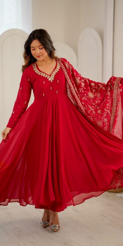 ZF 5025 Red Faux Georgette Gown Perfect for Wedding, Party, Raksha Bandhan, Temple Visit, Onam – . Get it for ₹2149. Delivery 4-6 Working Days. Shop now | Bollywood Gowns, Creative Gowns, Designer Gowns, Embroidered Gowns, Gowns, Party Wear Gowns