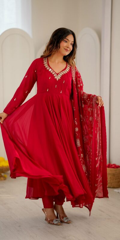 ZF 5025 Red Faux Georgette Gown Perfect for Wedding, Party, Raksha Bandhan, Temple Visit, Onam – . Get it for ₹2149. Delivery 4-6 Working Days. Shop now | Bollywood Gowns, Creative Gowns, Designer Gowns, Embroidered Gowns, Gowns, Party Wear Gowns